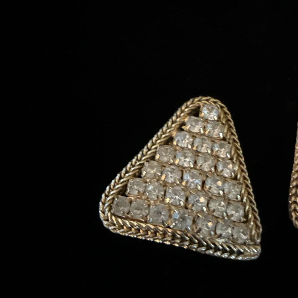 Vintage Signed Hobe' AB Signed Triangle Clip On Earrings 1950's Gold Tone